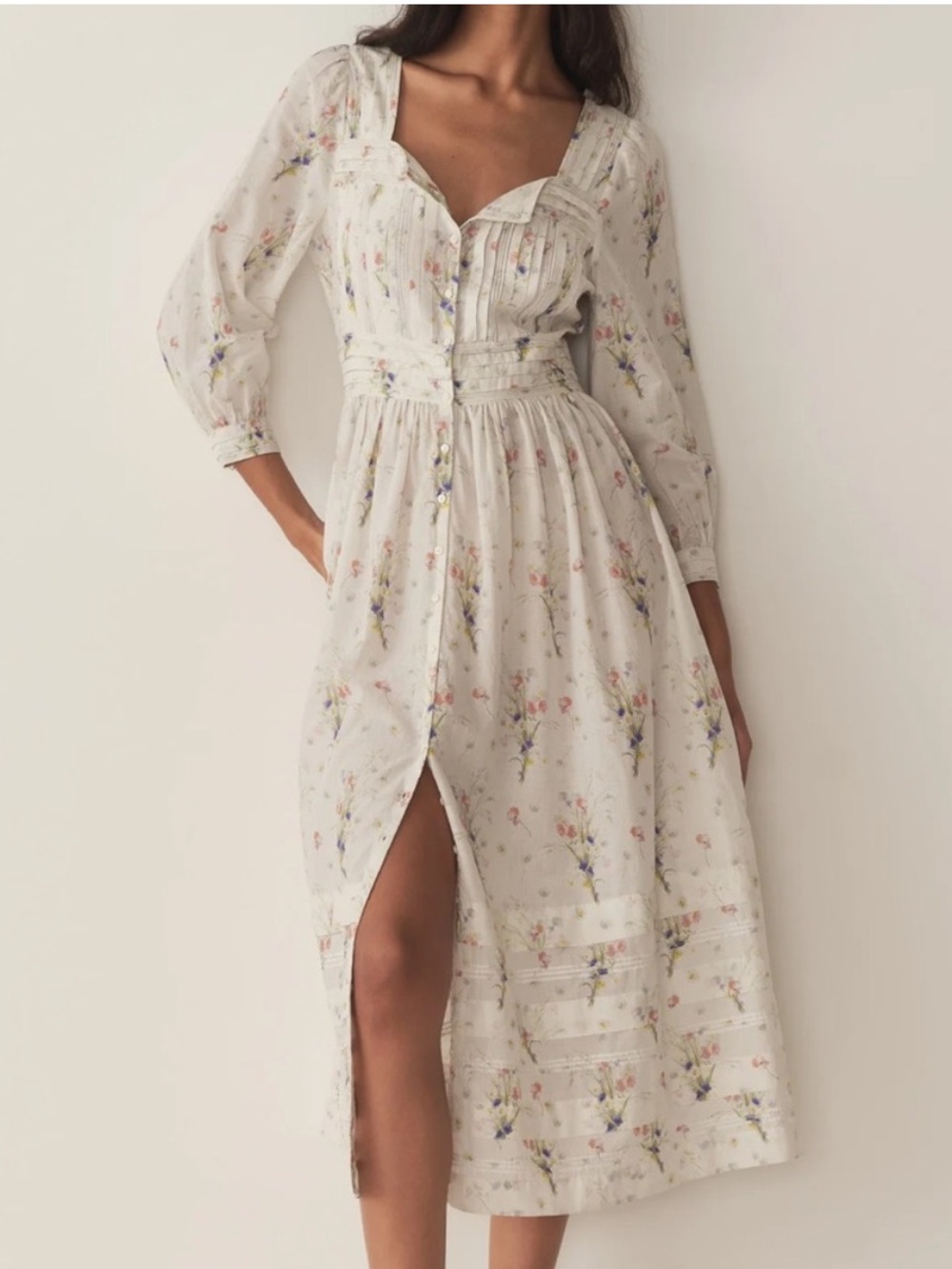 Doen Minta Cotton Pleated Floral Long Sleeve Midi Maxi Dress Painted Bouquet